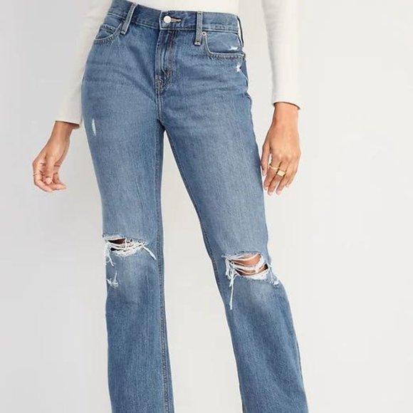 Old Navy Denim - Old Navy Mid-Rise Slouchy Boot-Cut Ripped Non-Stretch Jeans for Women New